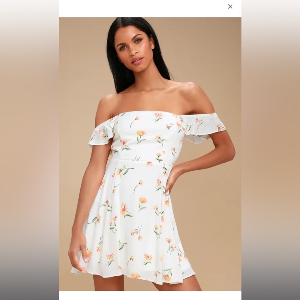 As You Flourish White Floral Print Off-the-Shoulder Skater Dress